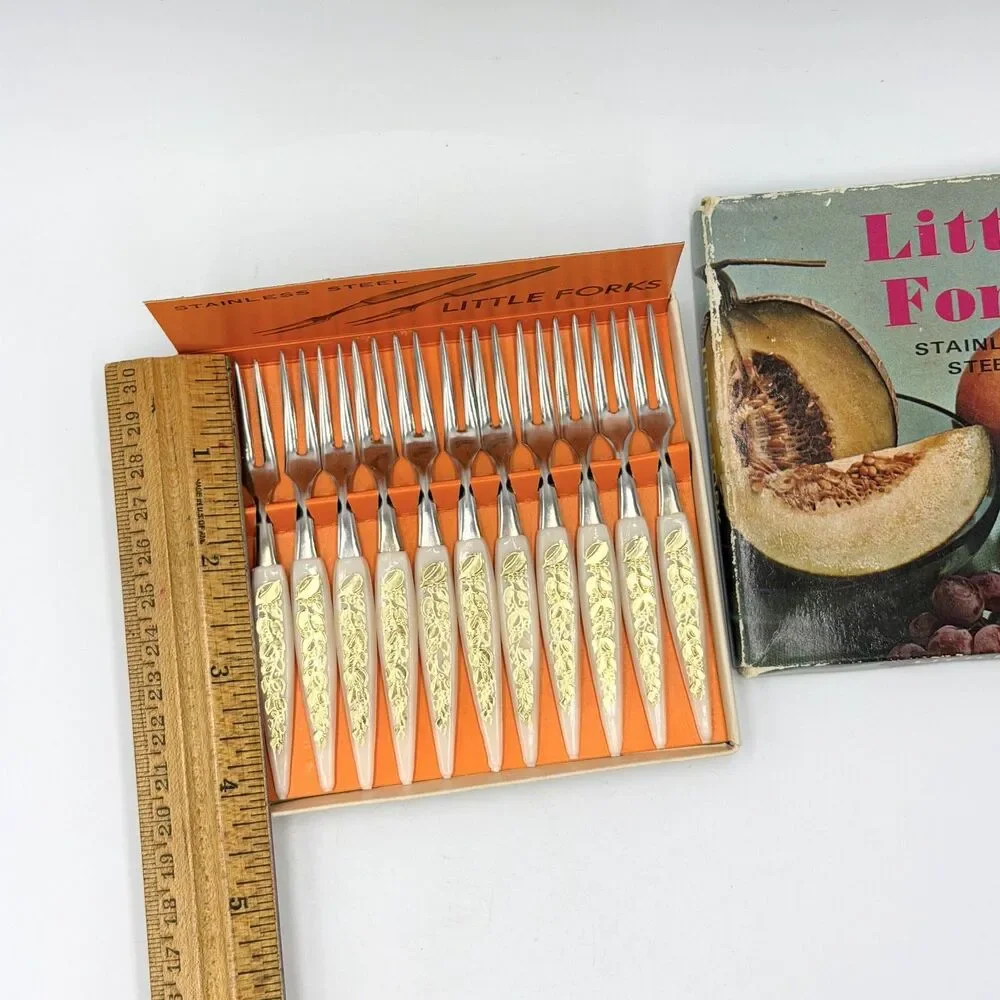 Vintage Set of 12 Stainless Steel Little Forks Cocktail Appetizer Picks Gold
